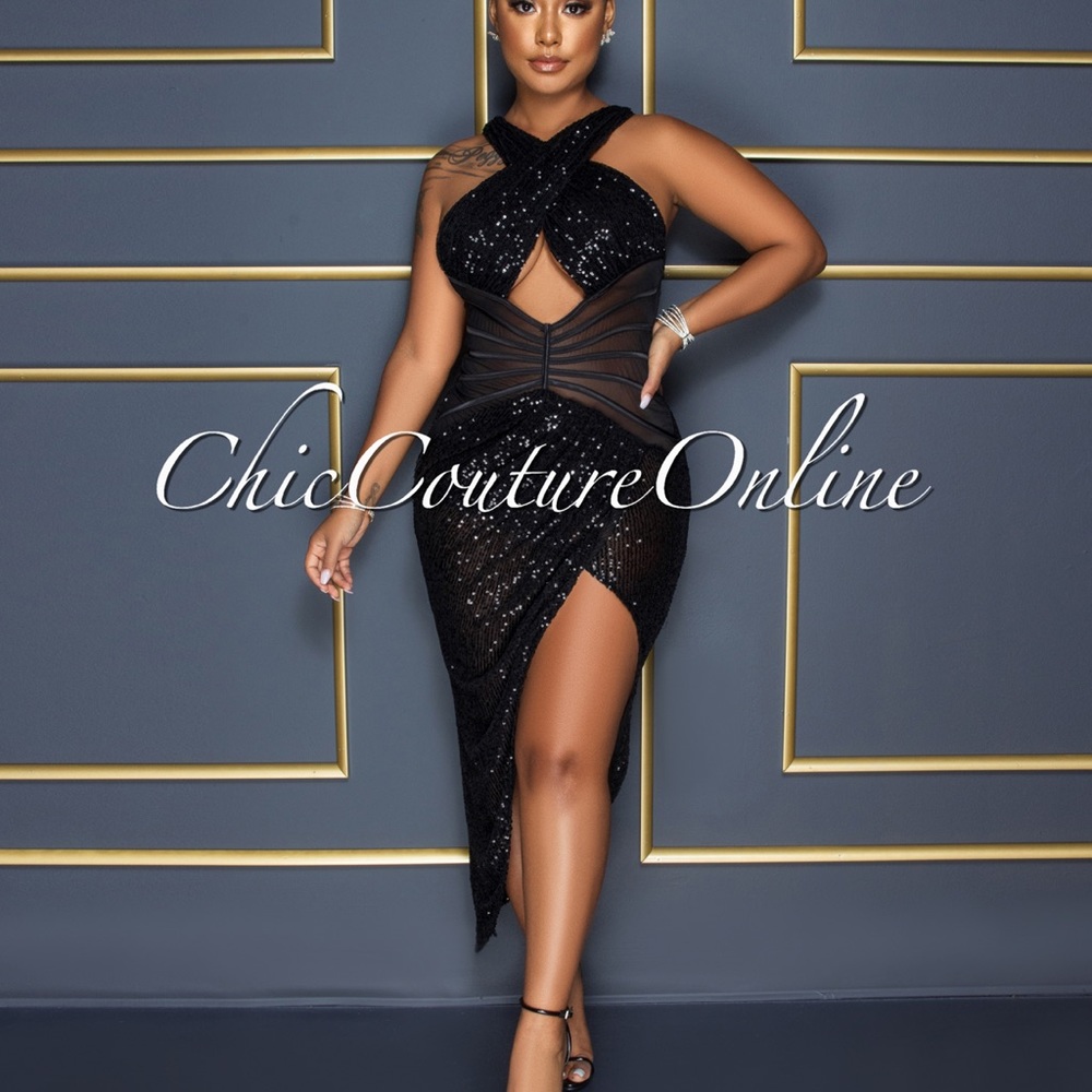 Black Sequins Mesh Trim Halter Midi Dress